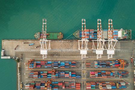 高清图片鸟瞰海港集装箱货物载船进出口业务物流货运输业务物流贸易